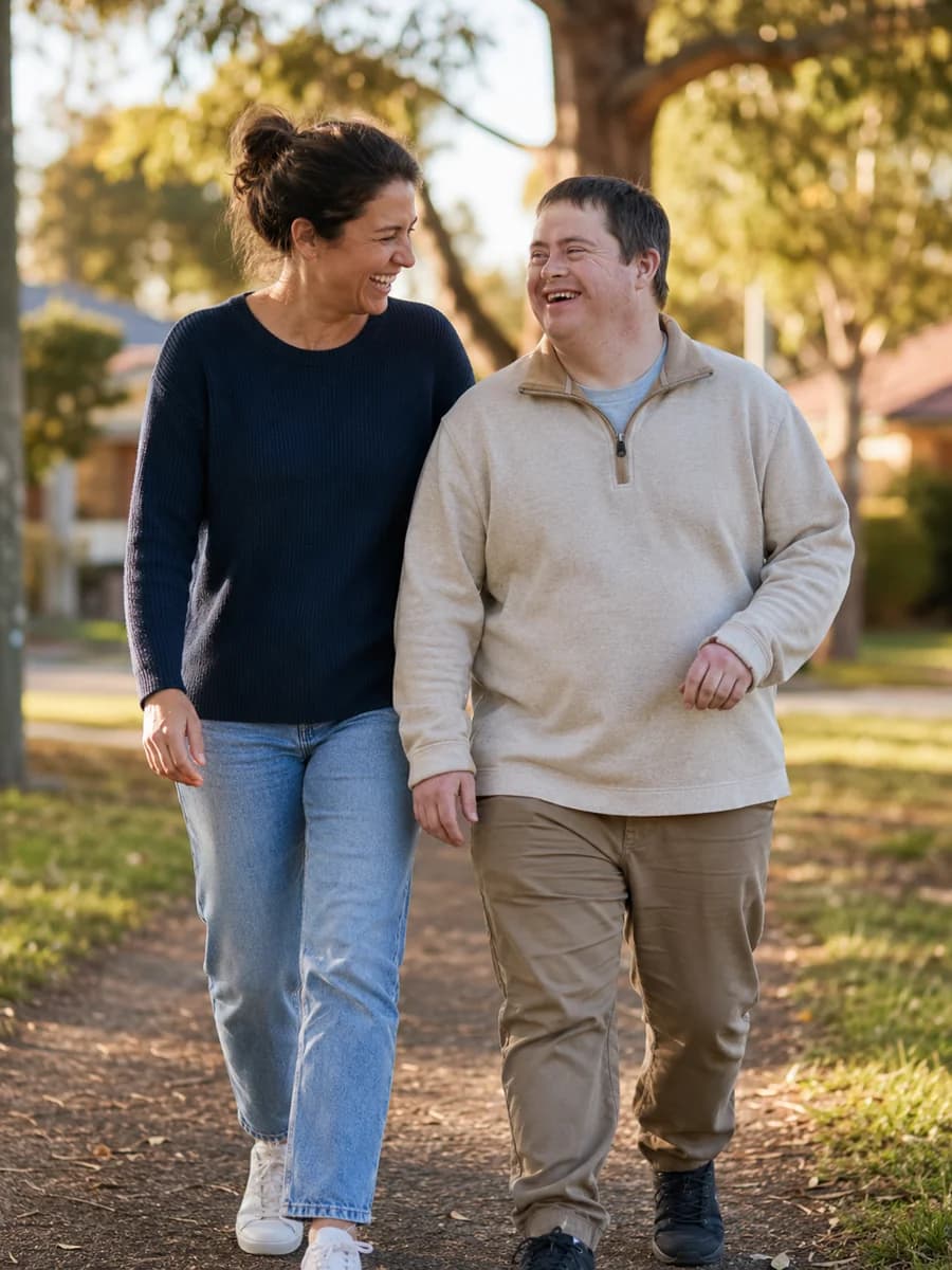 Bridgeway Care support worker and participant walking together in Melbourne's west